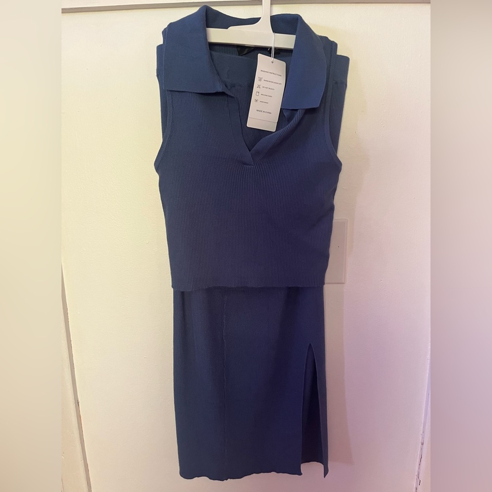 Ribbed skirt and sleeveless collared set. Navy blue brand new